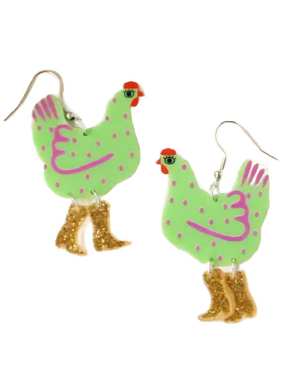 Green Colorful Chickens Wearing Gold Glitter Cowboy Boots Boho Fashion Jewelry